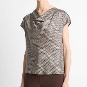 Vince Black and Cream Plaid Cowl Neck Top